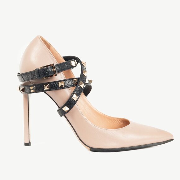 Valentino Garavani Studwrap Poudre & Noir Rockstud Pointed-Toe Pumps - Picture 1 of 12